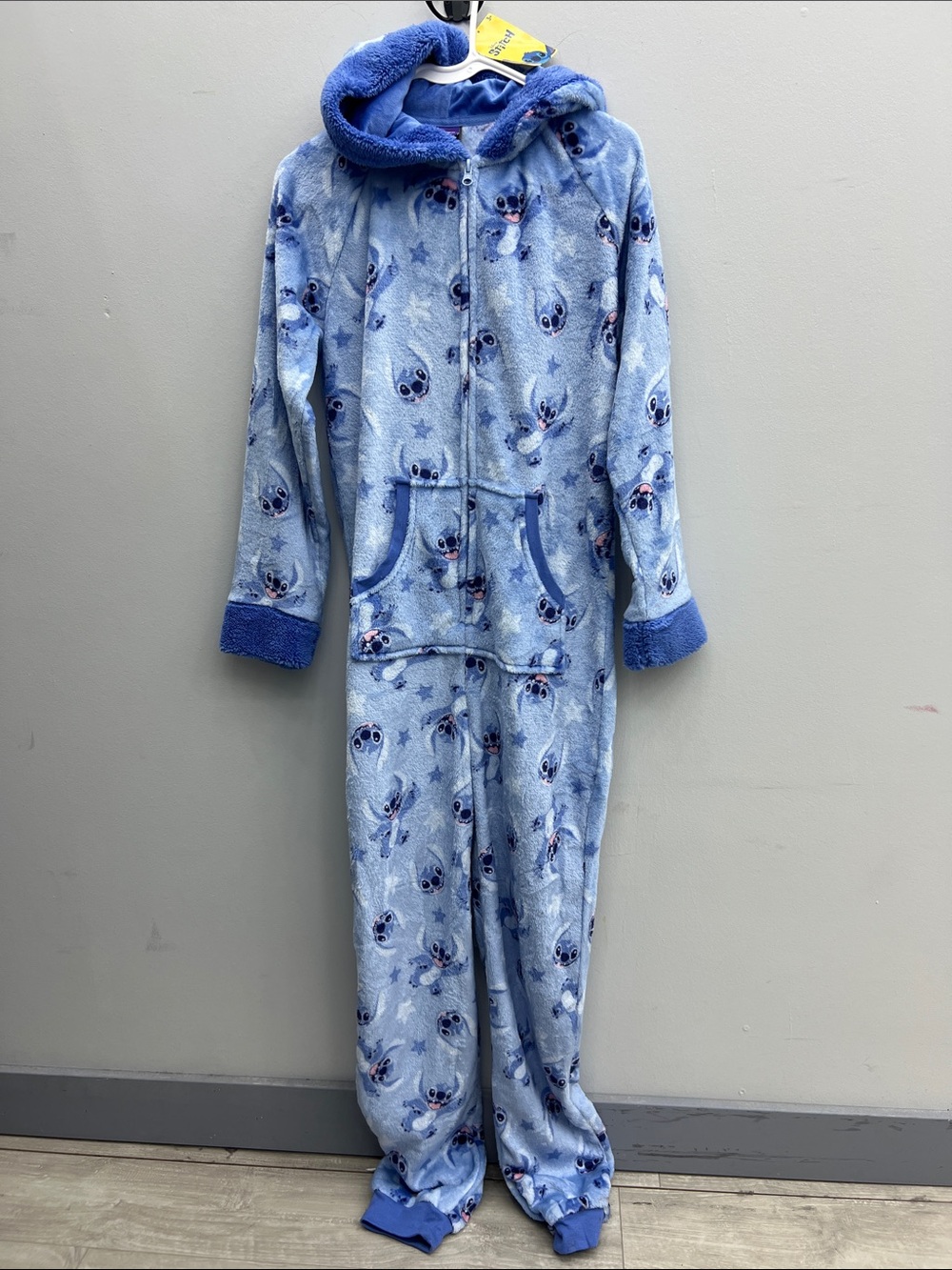 Adults Plush Blue Hooded One-Piece Pajama with Character Print
